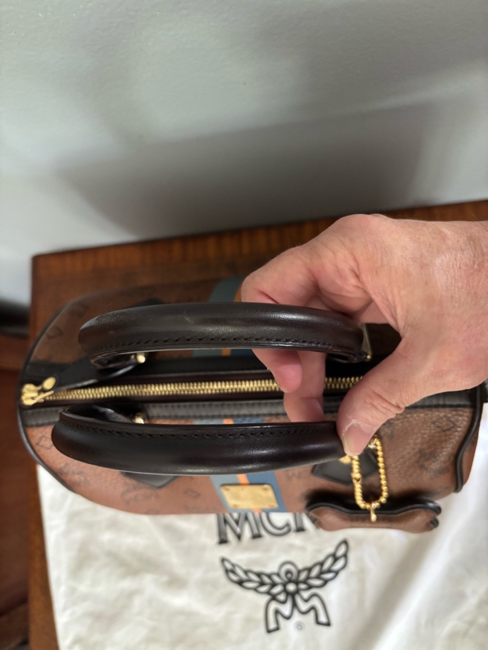 MCM Brown Visetos Satchel with Blue and Orange Stripe - Picture 4 of 13